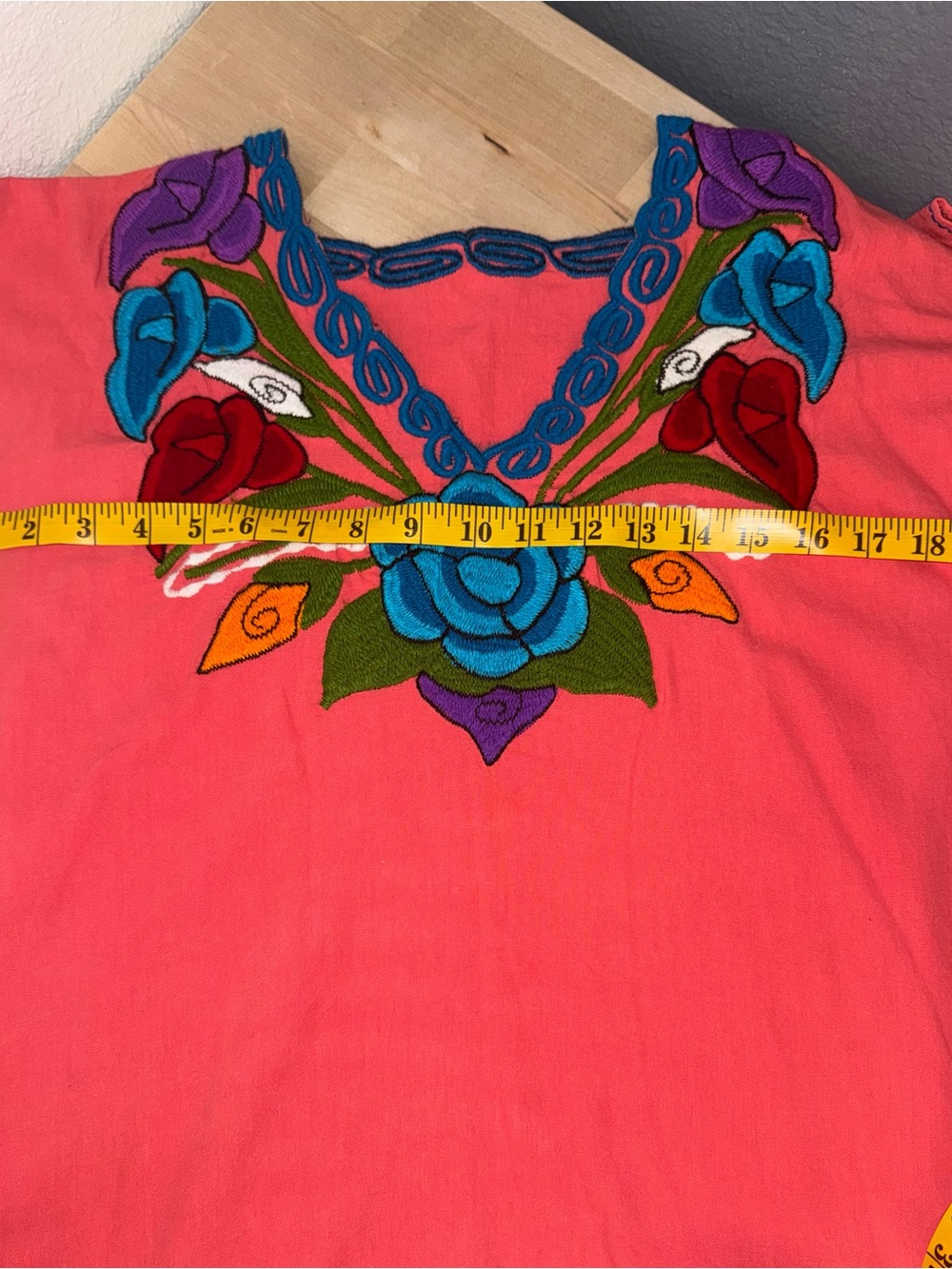 Handmade Embroidered, Huipil Top- coral - Picture 6 of 6